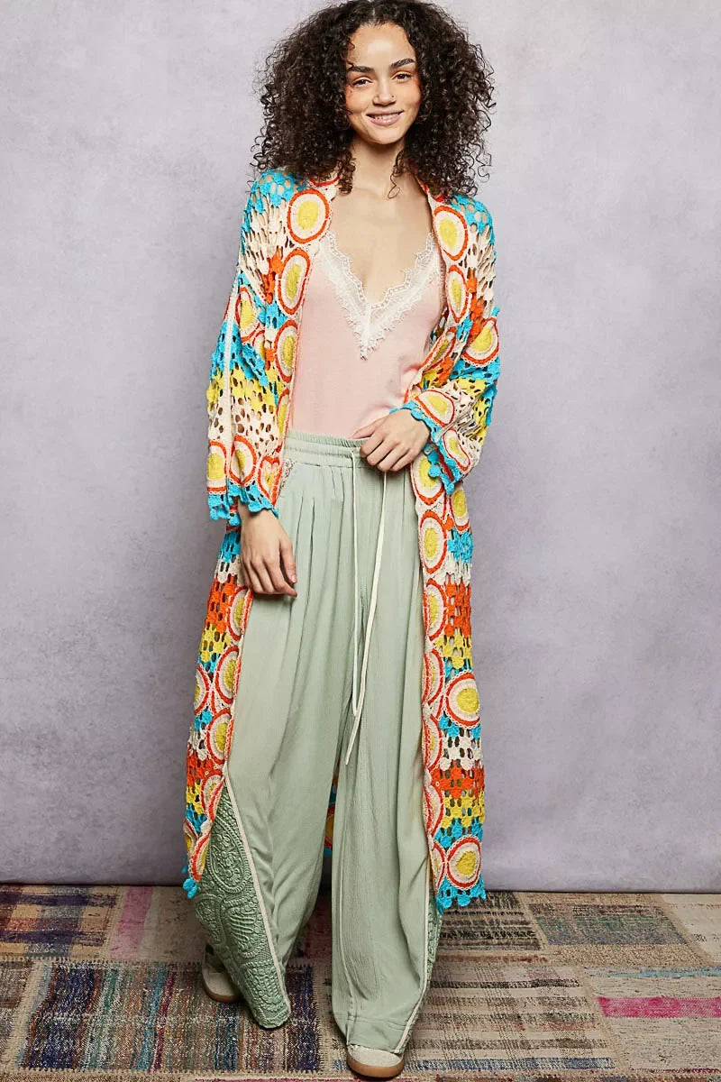 POL Scalloped Edge Open Front Crochet Cardigan with Colorful Stripe Pattern