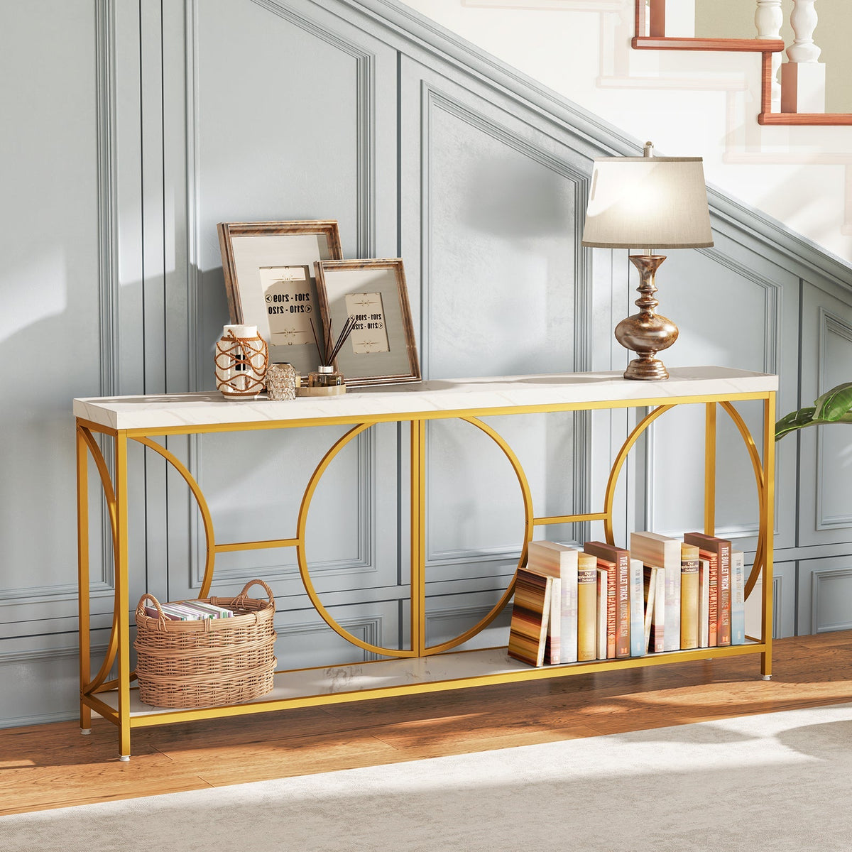 2-Tier Faux Marble Top Console Table with Storage Shelf-White