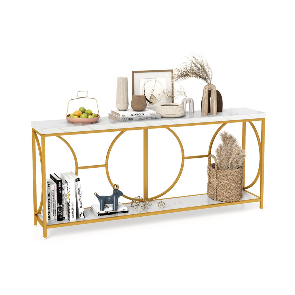 2-Tier Faux Marble Top Console Table with Storage Shelf-White
