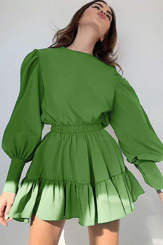 Miss Sparkling |Round Neck Lantern Sleeve Dress