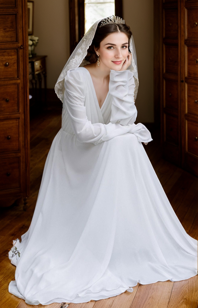 Timeless Chiffon Long Sleeve Wedding Gown with Draped Sleeves and Deep V Back
