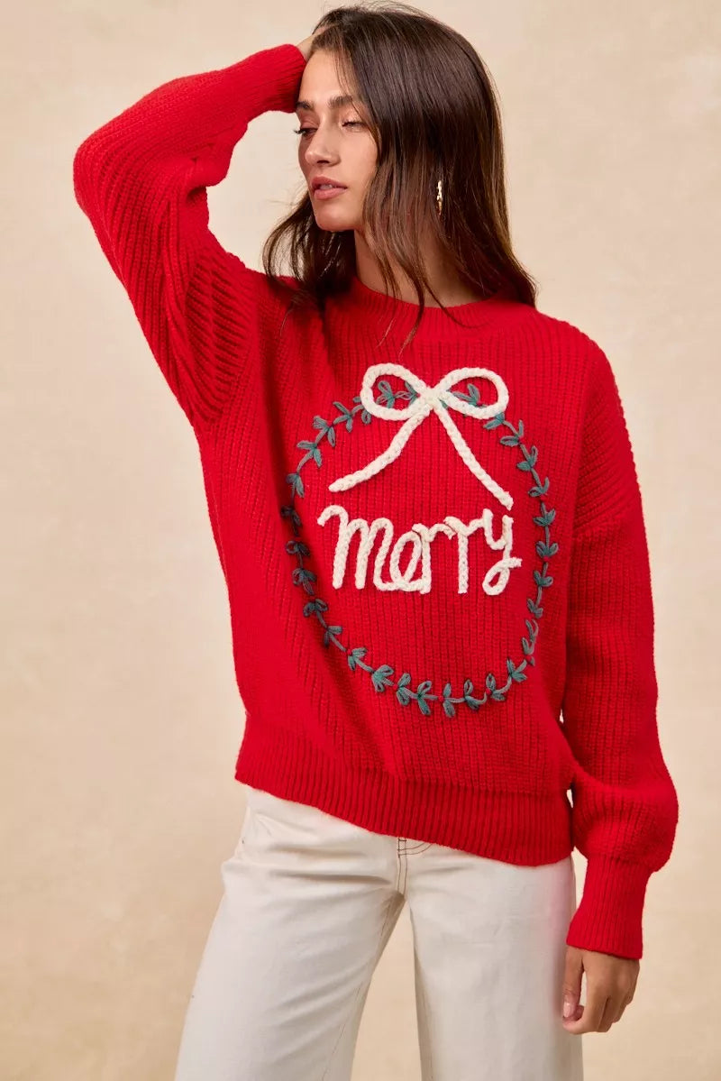 BiBi Christmas Wreath Merry Letter Knit Top