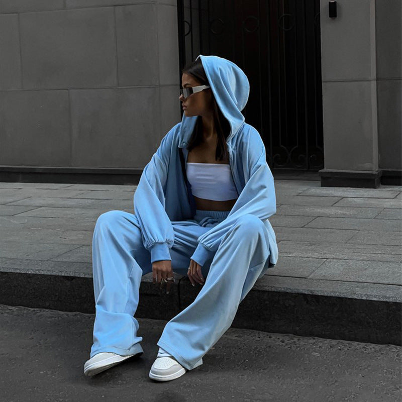Solid color long sleeved cardigan cap top sports pants two-piece set
