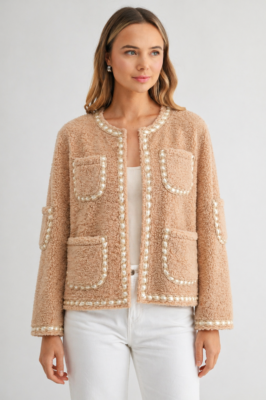 Judy Sherpa Jacket with Braided Ribbon Trim-0
