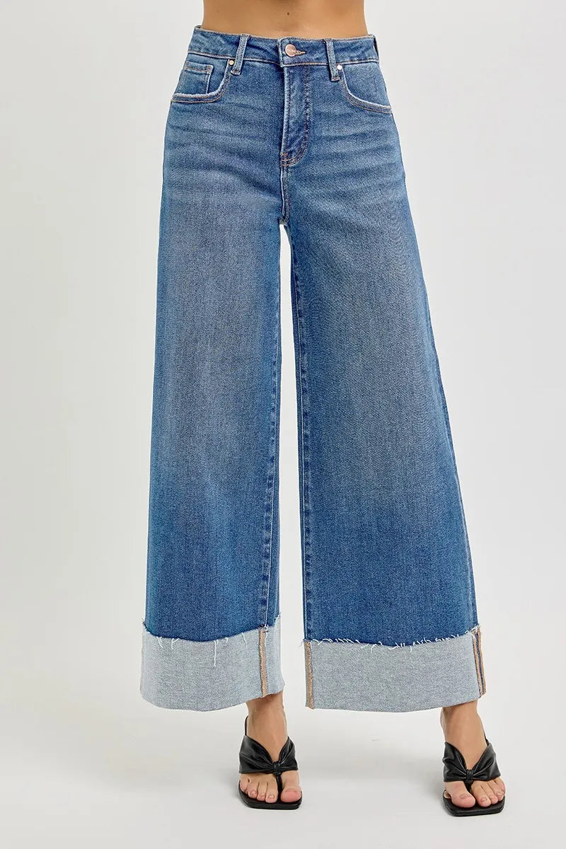 RISEN Full Size Tummy Control High Rise Crop Wide Cuffed Jeans Plus Size