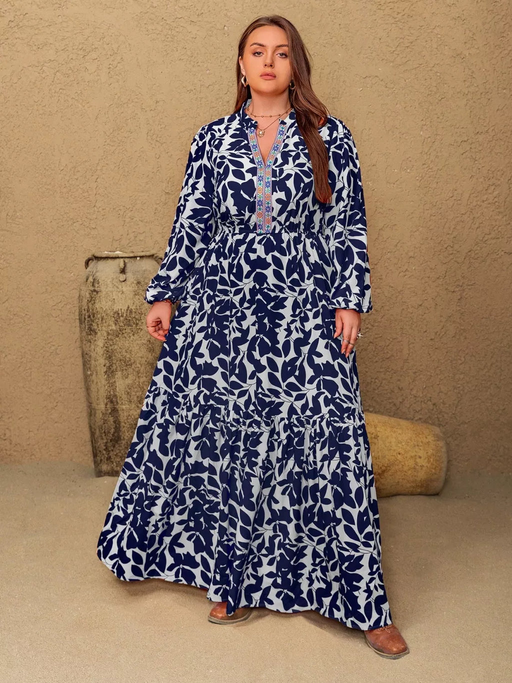 Plus Size Floral Print Notched Long Sleeve Maxi Dress