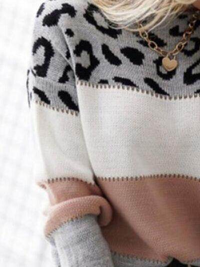 Leopard Color Block Round Neck Long Sleeve Sweater for Women