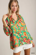 Umgee Satin Paisley Ruffle Neck Button-Up Shirt