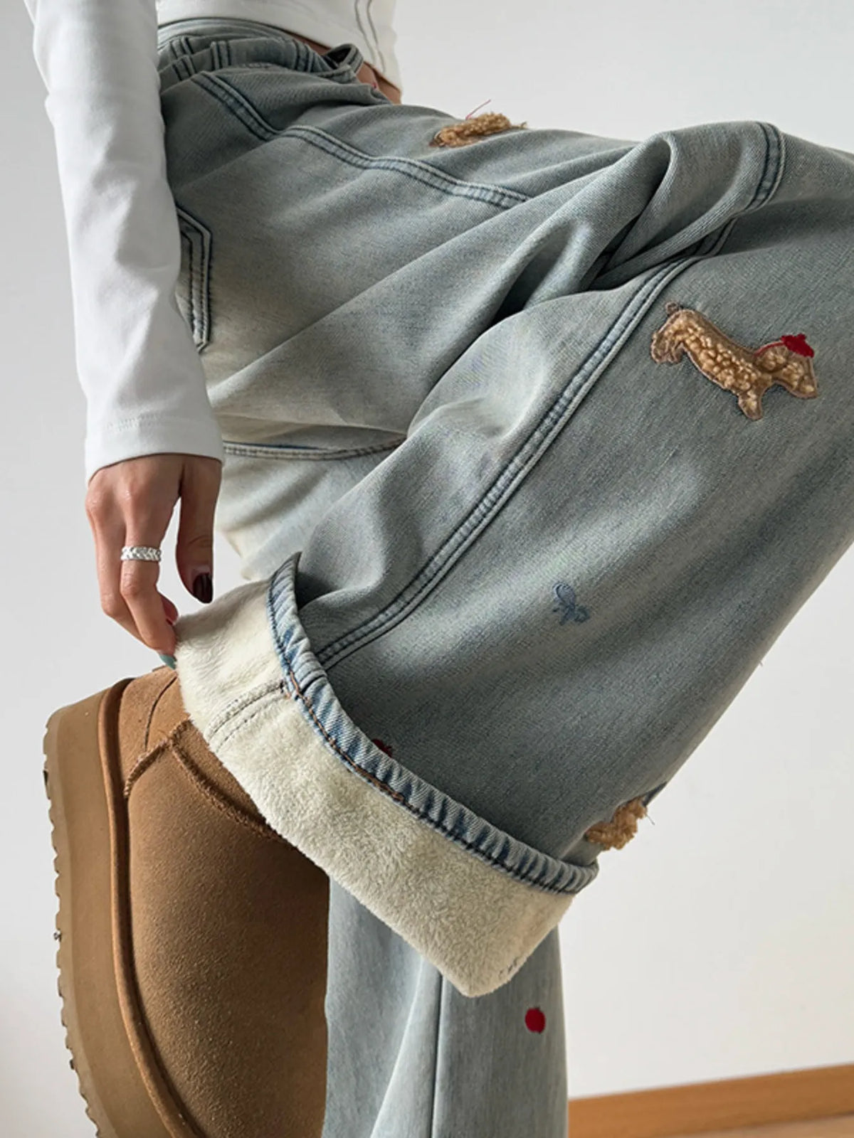 Embroidered Wide Leg Jeans