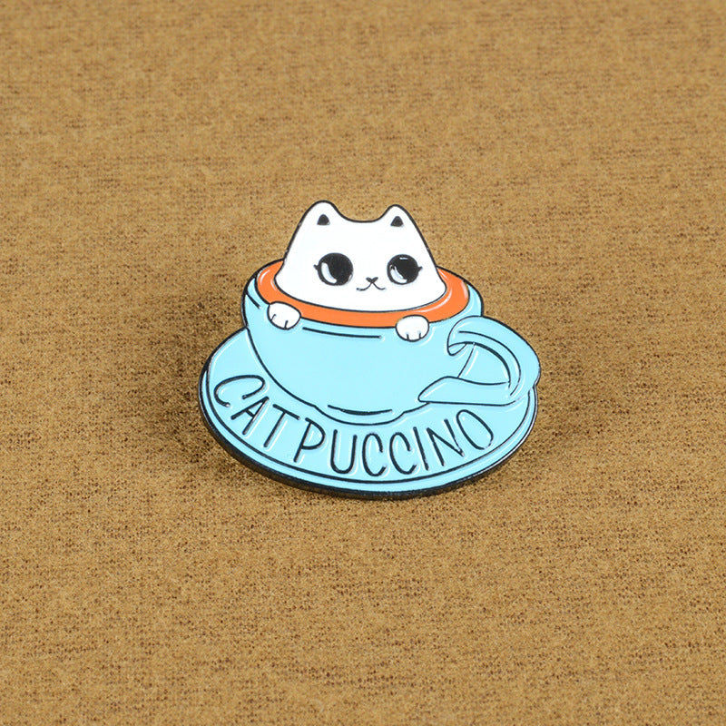 Blue Teacup White Cat Coffee Brooch