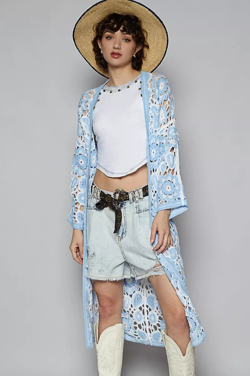 POL Open Front Crochet Cardigan with Knit Weave Patterns