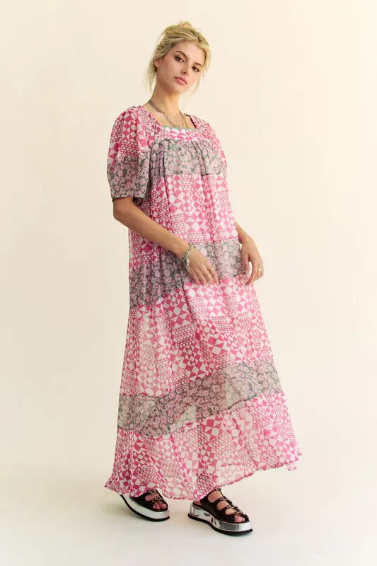 Davi & Dani Multi Floral Square Neck Puff Sleeve Maxi Dress