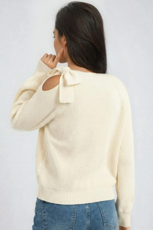 Bow Shoulder Ribbed Cottagecore Sweater-2