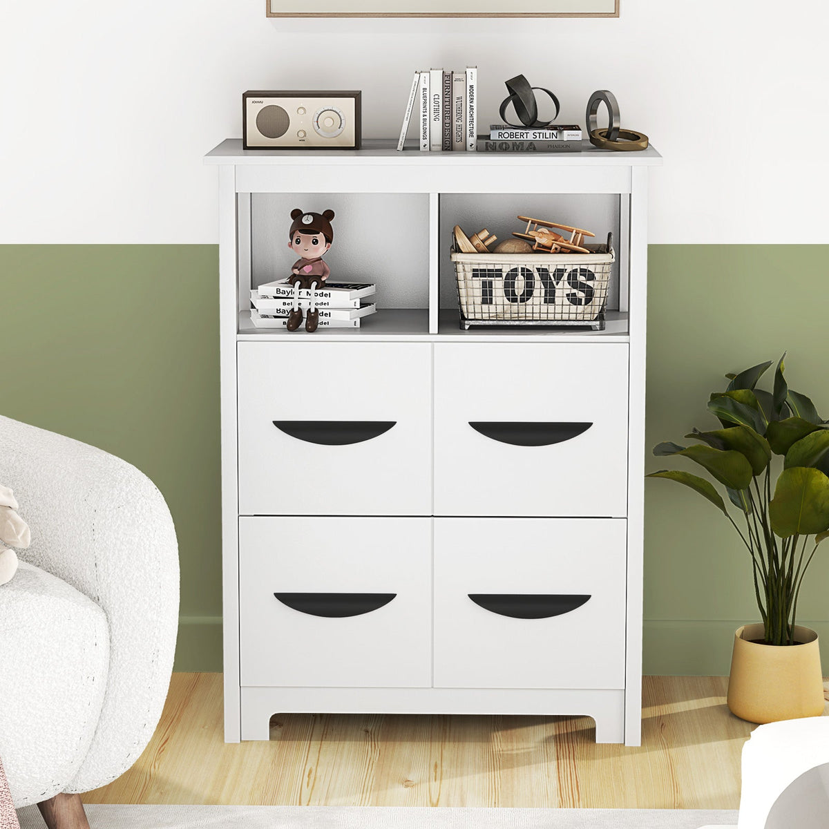 24 Inch Floor Cabinet with 2 Open Compartments and 2 Drawers-White