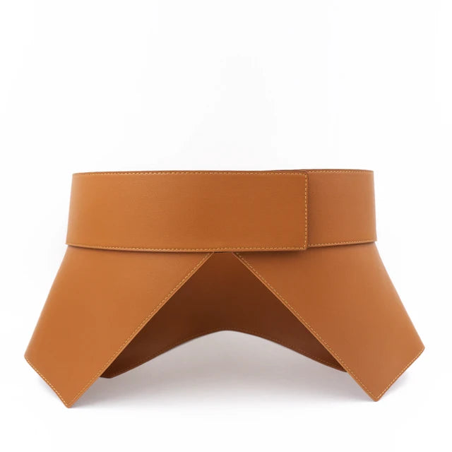 Geometrically designed waist closure corset type wide waist closure belt leather coat women's wide belt