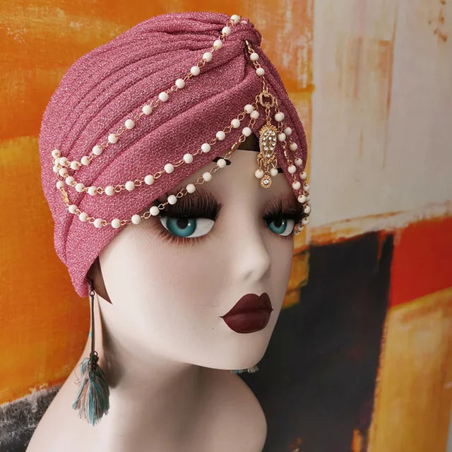 Fashion Exotic Muslim Turban Women Boho Pearl Chain Head Scarf Bonnet Hijab Cap Solid/Leopard Arab Dance Party Wrap Turbantes