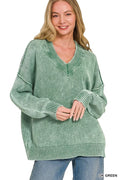 Zenana Washed Deep V-neck Oversized Sweater-0