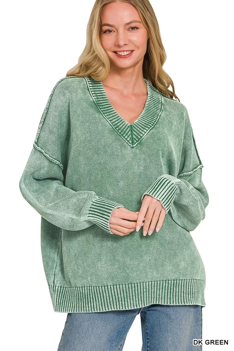 Zenana Washed Deep V-neck Oversized Sweater-0