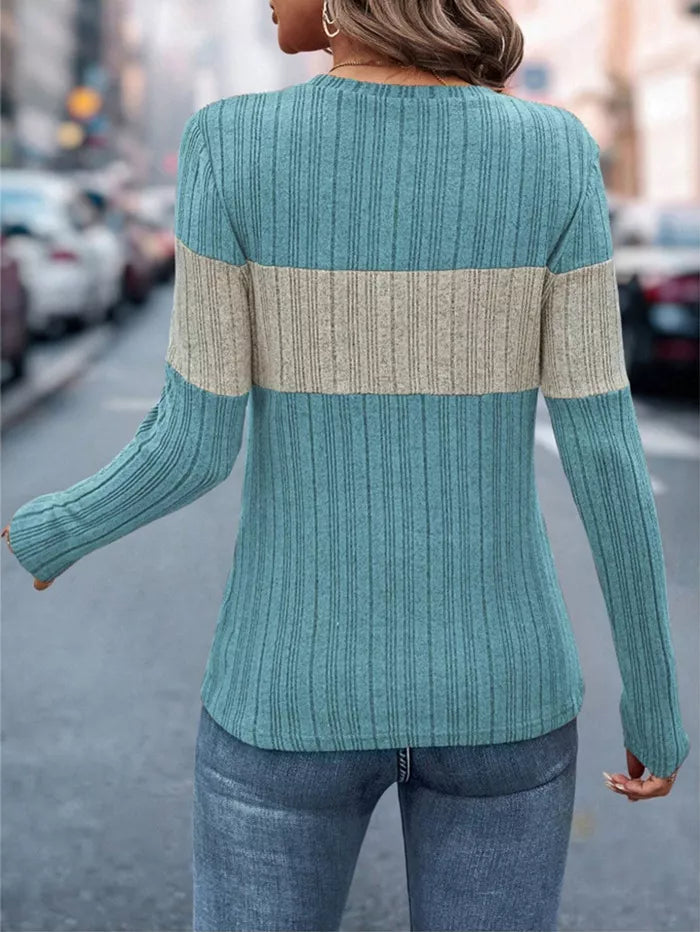 Color Block Ribbed Knit Long Sleeve T-Shirt