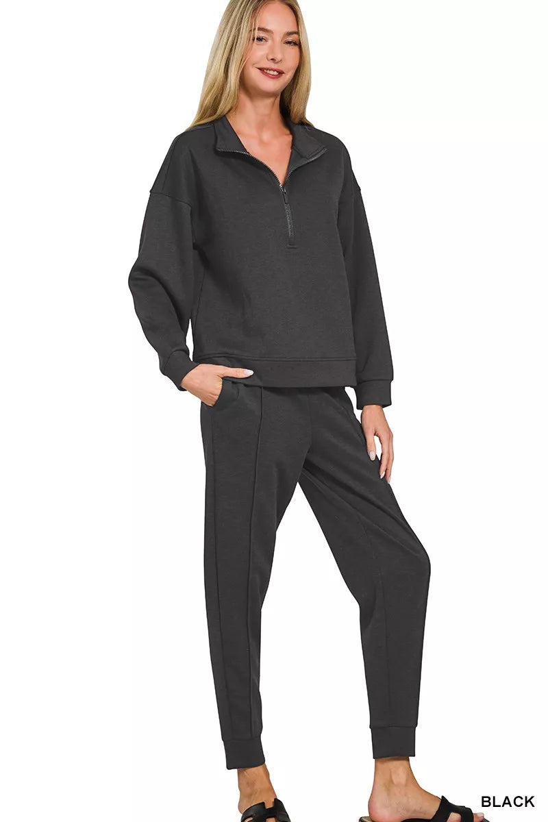 Zenana Scuba Half Zip Pullover and Jogger Set
