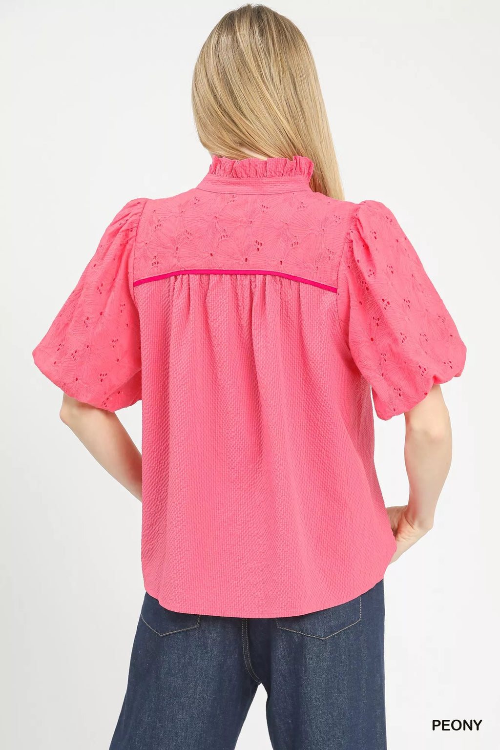 Umgee Puff Sleeve Eyelet Mix Top with Contrast Piping