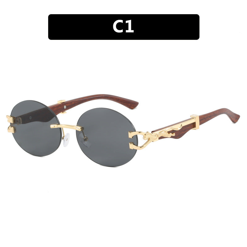 Leopard round frameless cut edge wooden leg sunglasses new sunglasses ins sunglasses for women