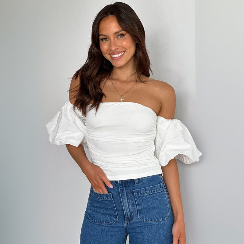 Cross-border Women's Summer New Pure Color Fitted Pleated Cap Sleeve Tube Top