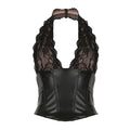 Sexy lace patchwork leather tight fitting deep V-neck corset