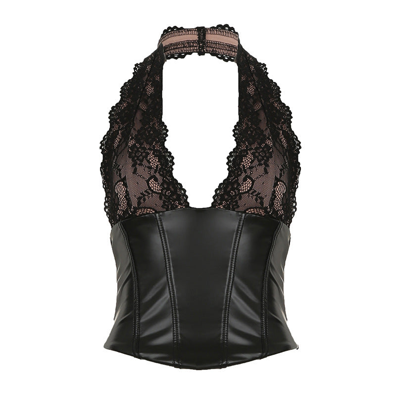 Sexy lace patchwork leather tight fitting deep V-neck corset