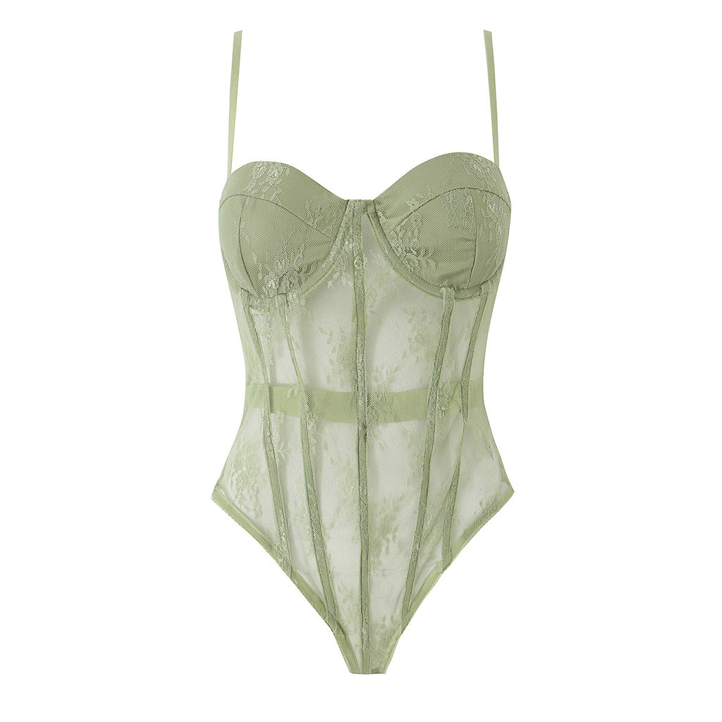 Green mesh fishbone corset tight waist bodysuit camisole top