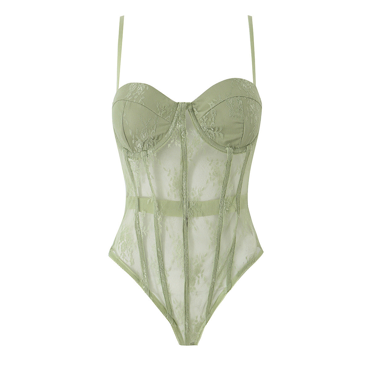 Green mesh fishbone corset tight waist bodysuit camisole top