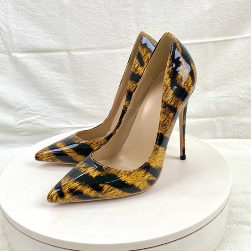 Leopard print patent leather high heels, pointed thin root fashionable women's shoes, single shoes
