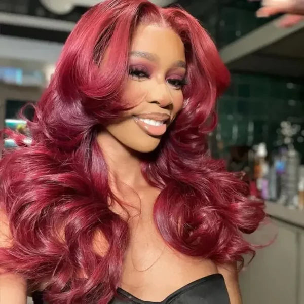 Curtain Bangs 99j Burgundy Body Wave Wig Glueless Pre-Cut Lace Wig