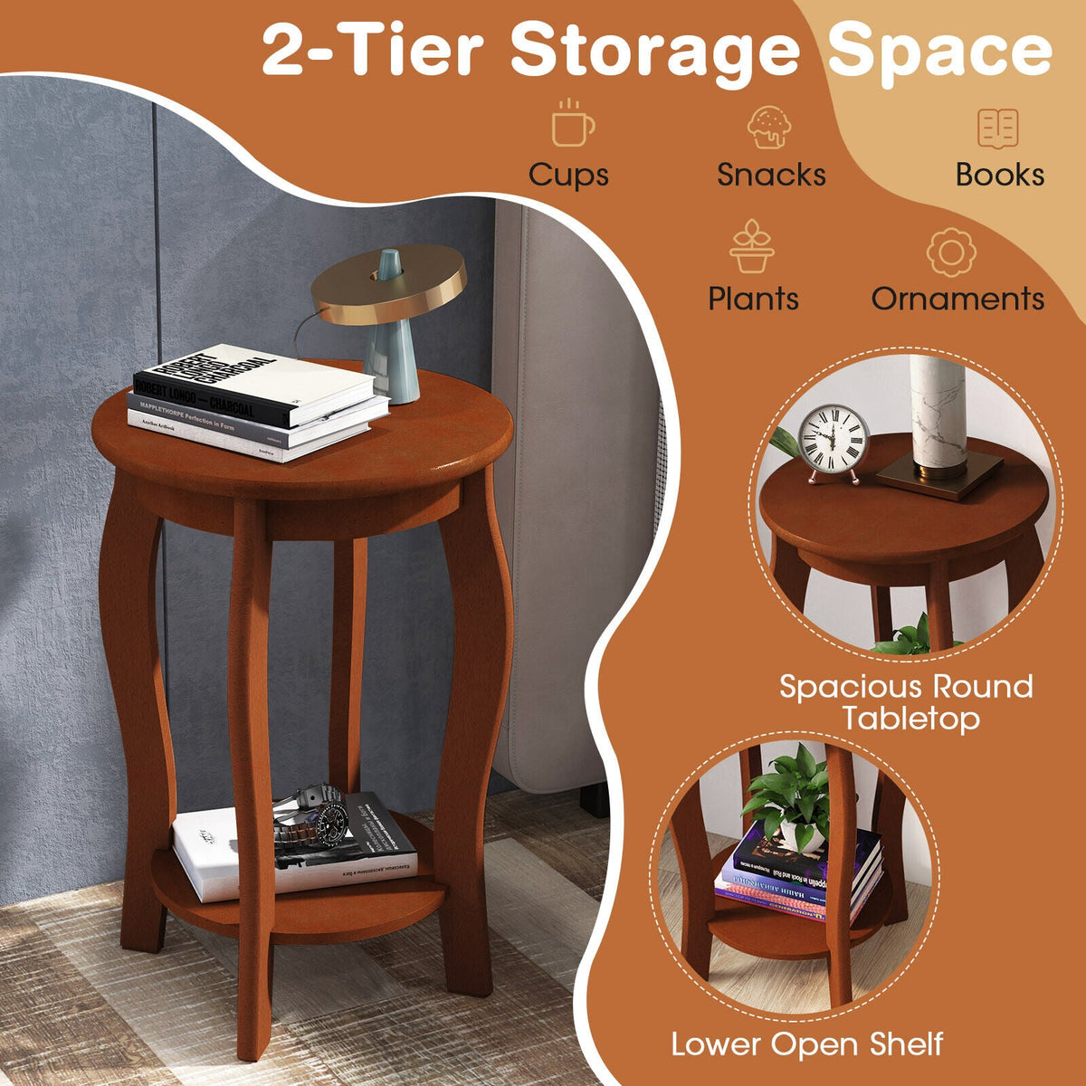 15 Inch 2-Tier Round End Table with Storage Shelf