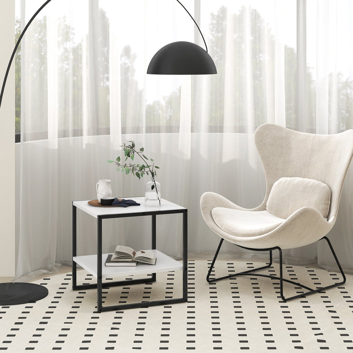 2-Tier Square End Table with Storage Shelf Reversible Design-White