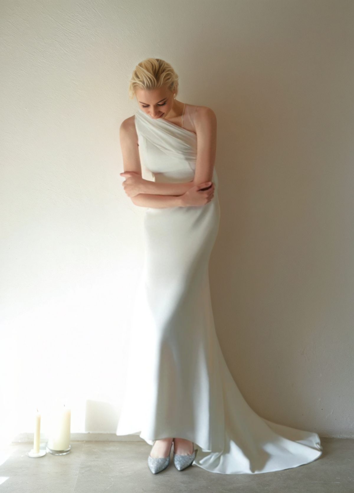 Minimalist One-Shoulder Silky Satin Wedding Dress with Draped Back