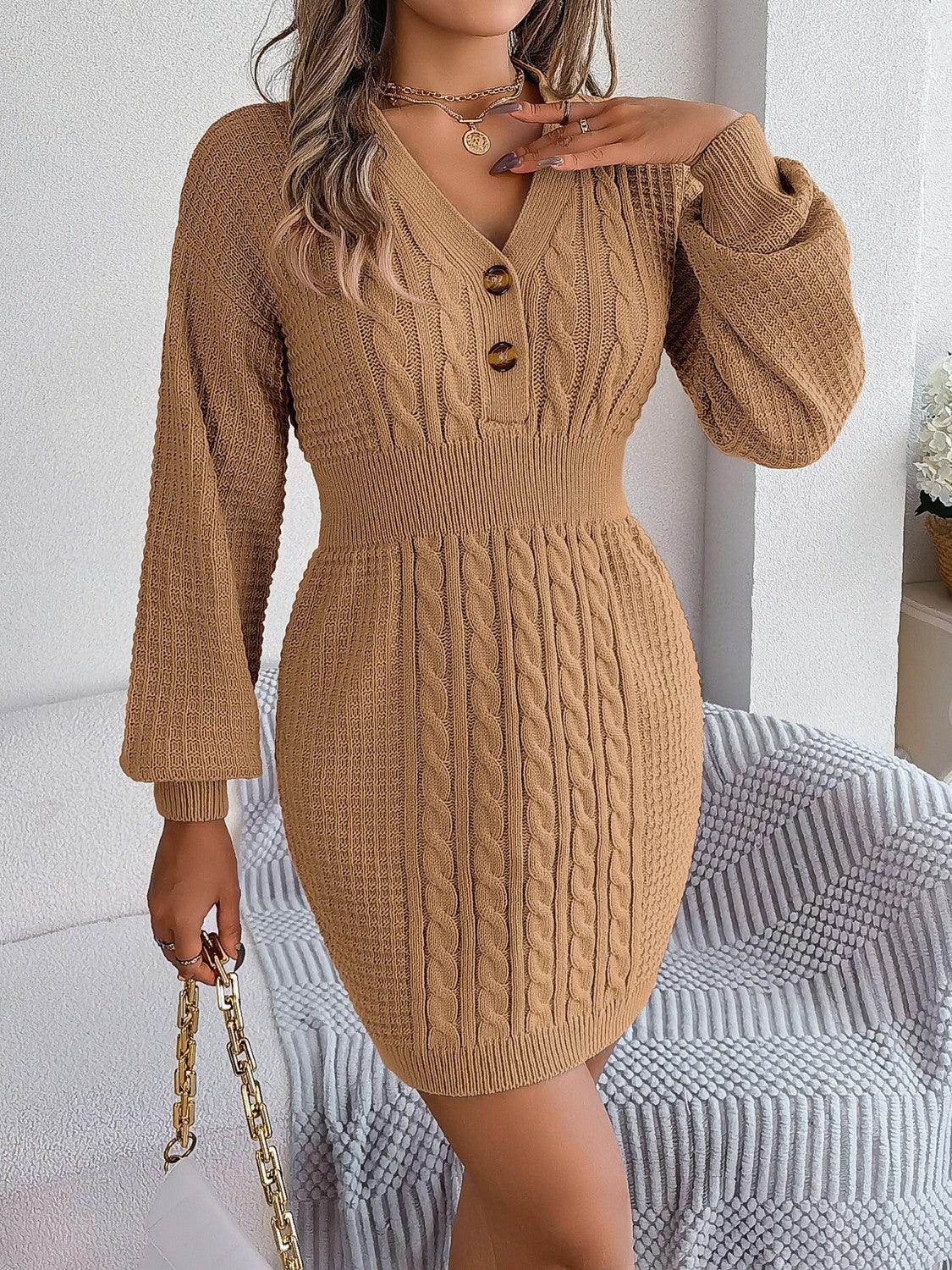 Buttoned Cable-Knit V-Neck Sweater Dress for Women