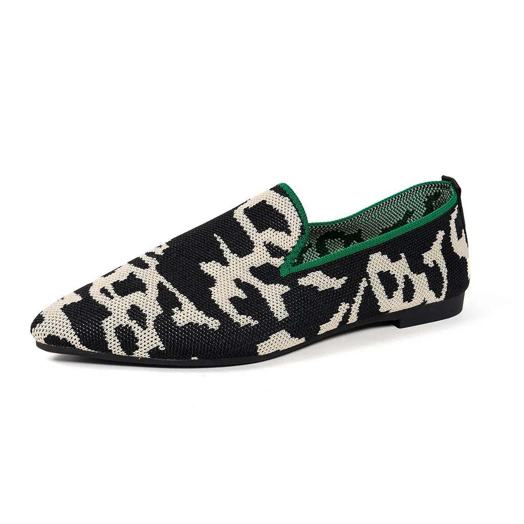 Point Toe Animal Print Knit Slip-On Loafers with Contrast Trim