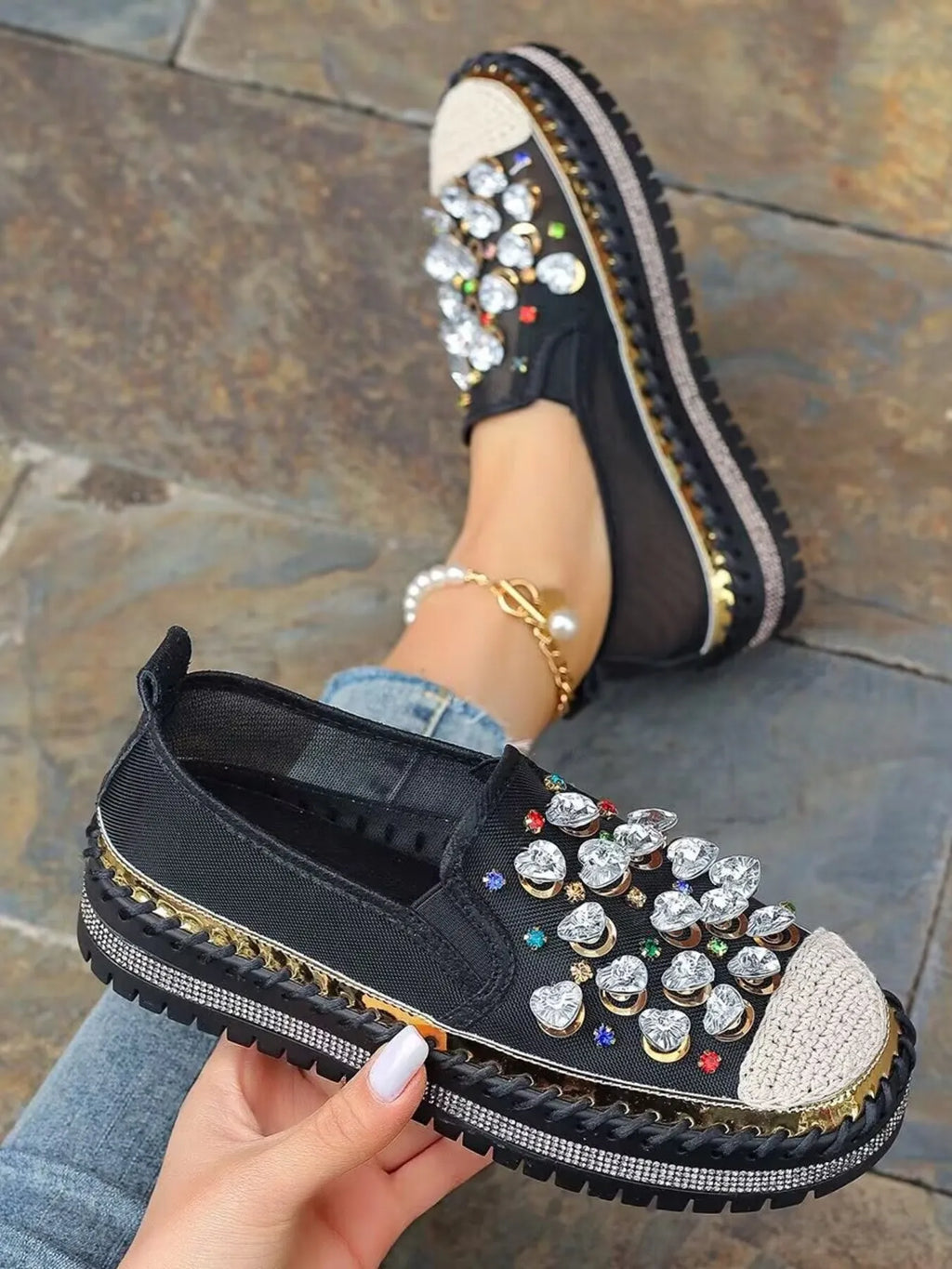Rhinestone Round Toe Platform Loafers