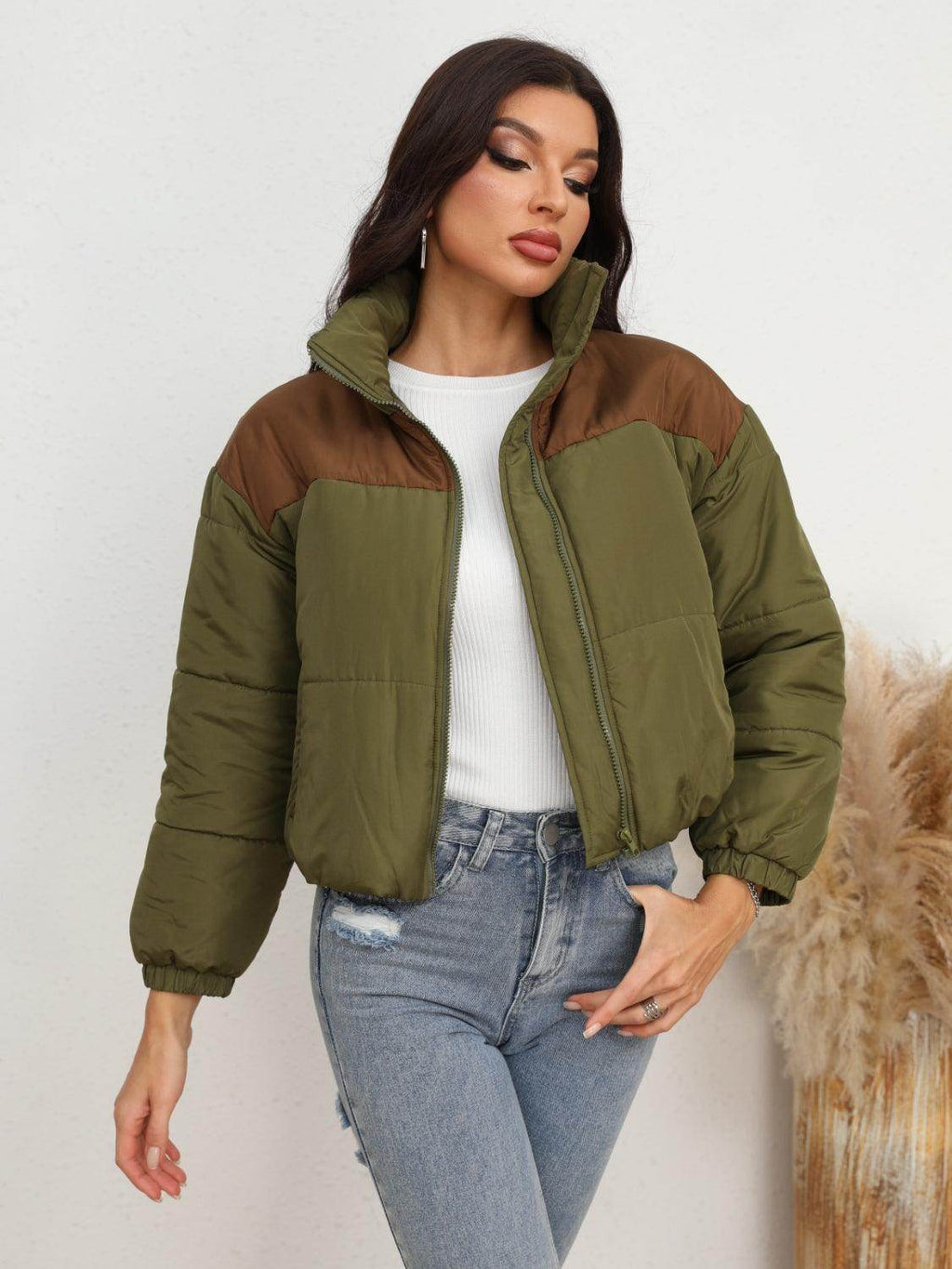 Two-Tone Zip-Up Puffer Jacket for Women Stylish Outerwear