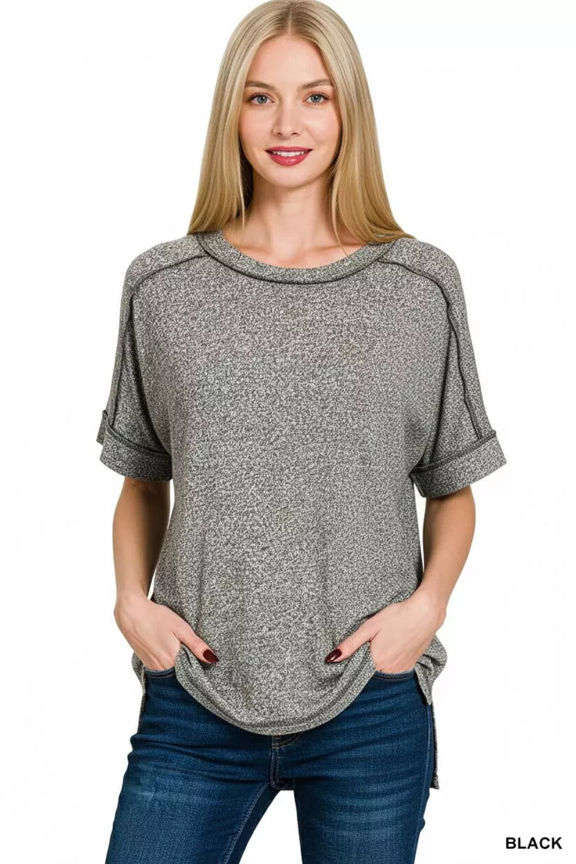 Zenana Full Size Soft Melange Hacci Short Sleeve Hi-low Tee Plus Size
