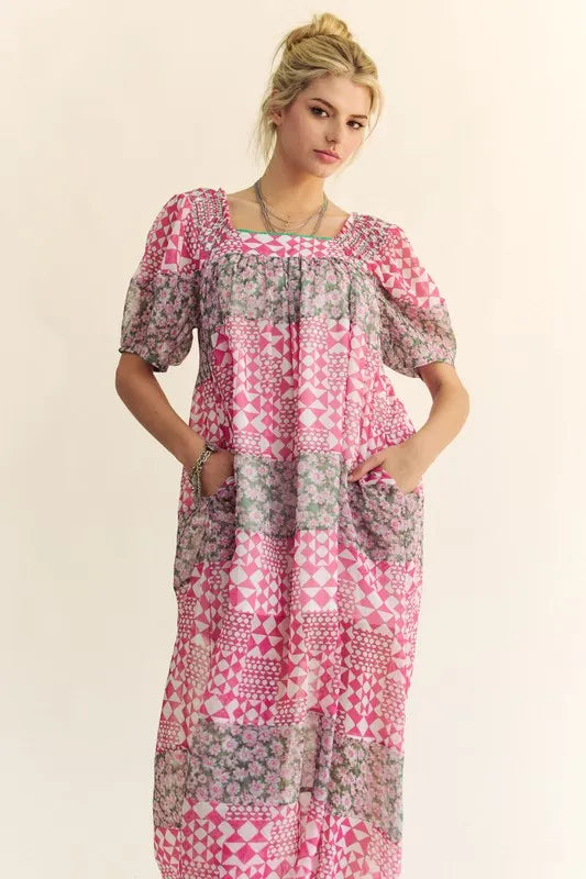 Davi & Dani Multi Floral Square Neck Puff Sleeve Maxi Dress