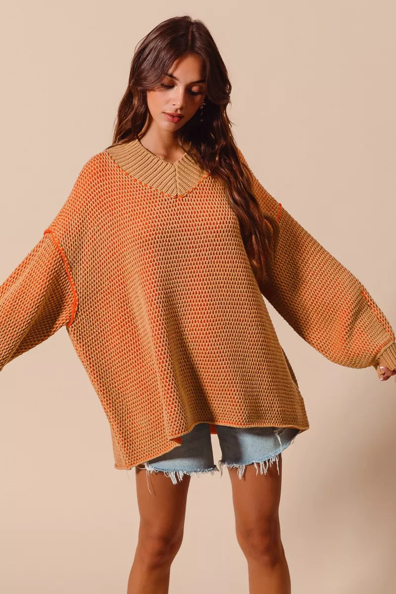 SO ME Oversized Two Tone Textured V Neck Sweater