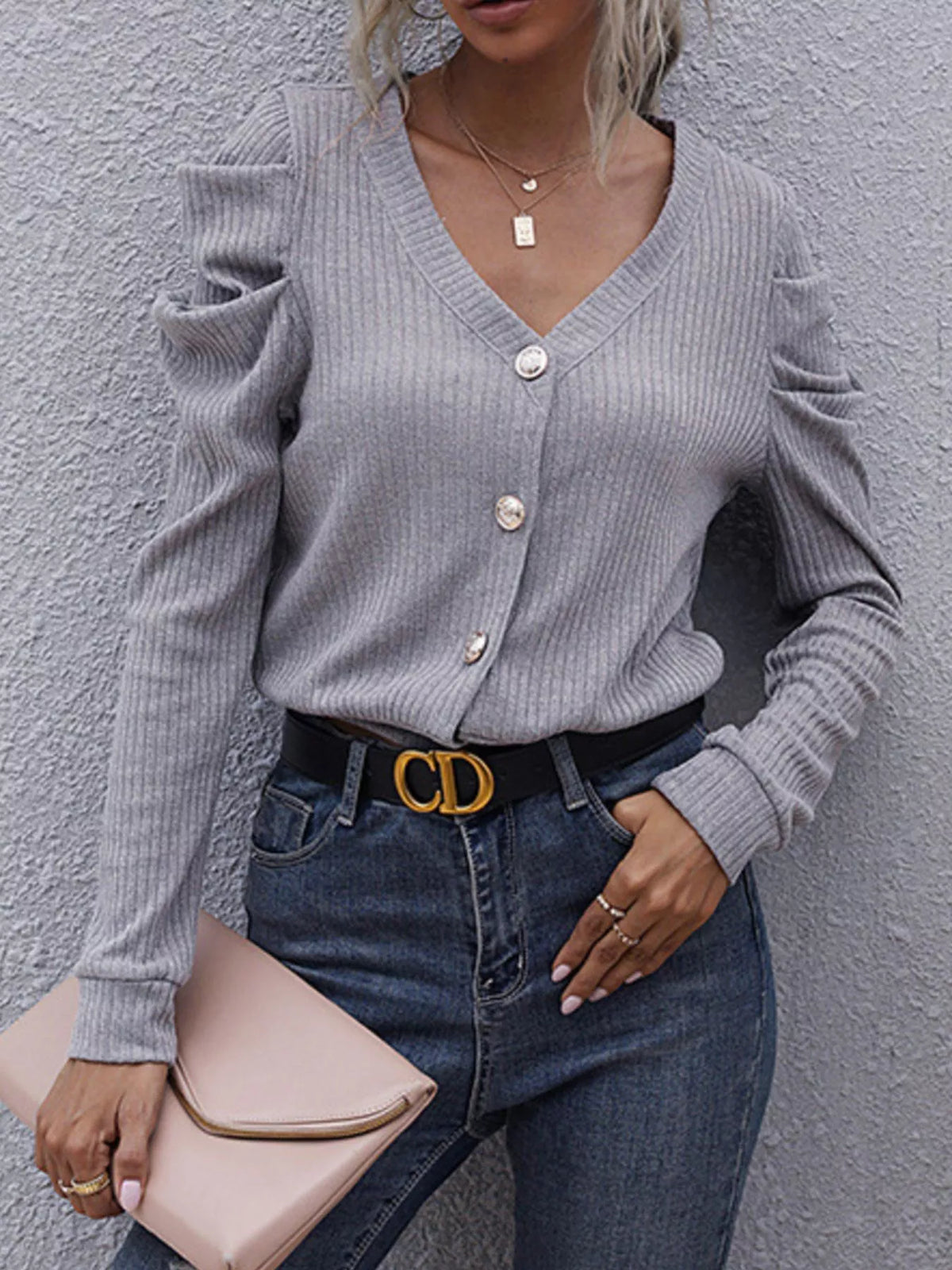 Ribbed V-Neck Button-Up Cardigan