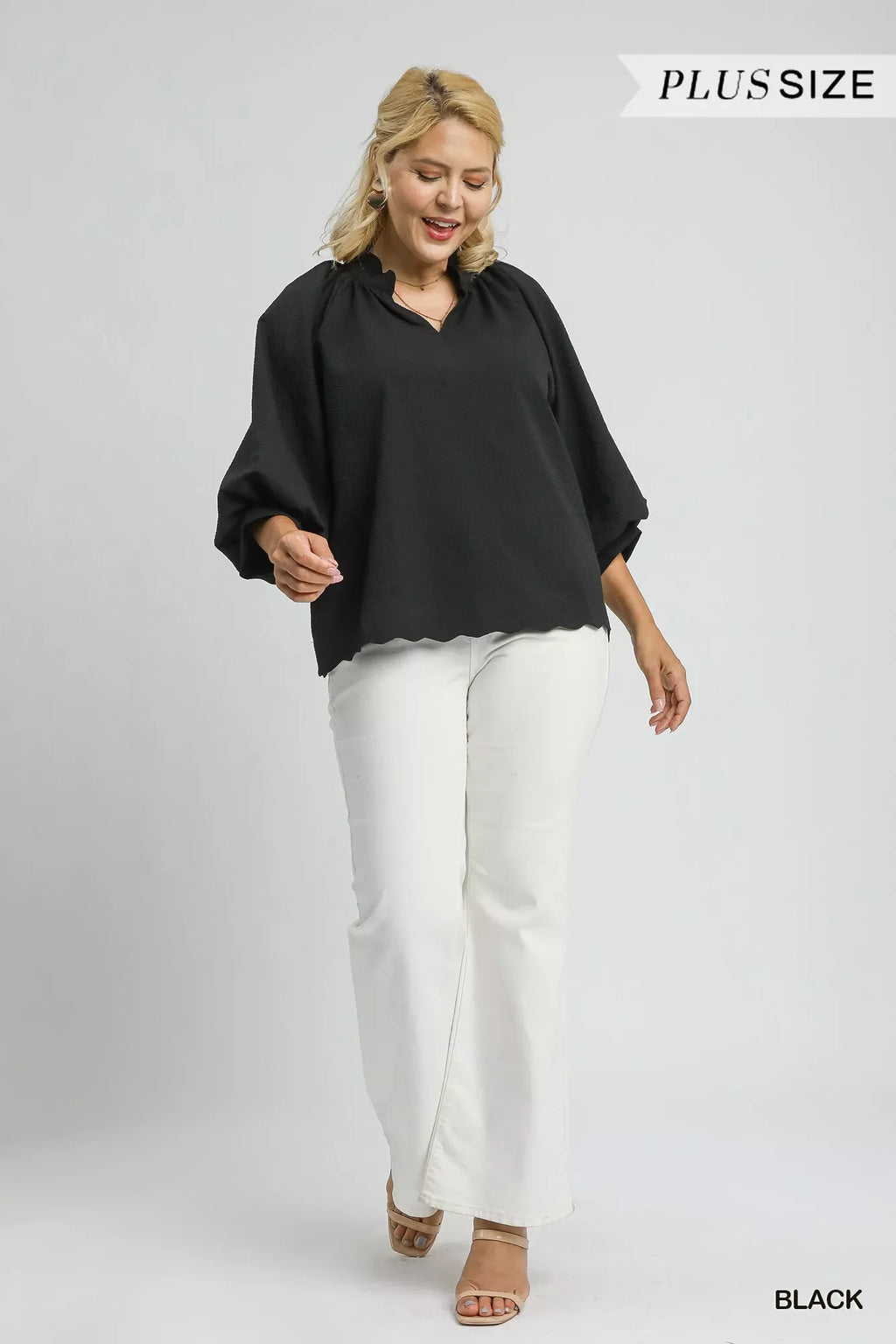 Umgee Full Size Textured Notched Balloon Sleeve Blouse Plus Size