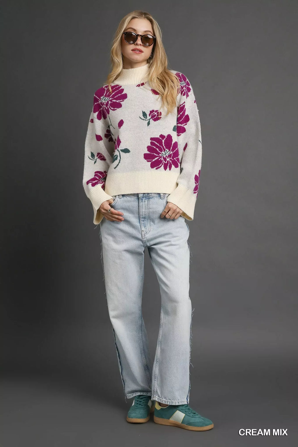 Umgee Floral Patterned Mock Neck Sweater