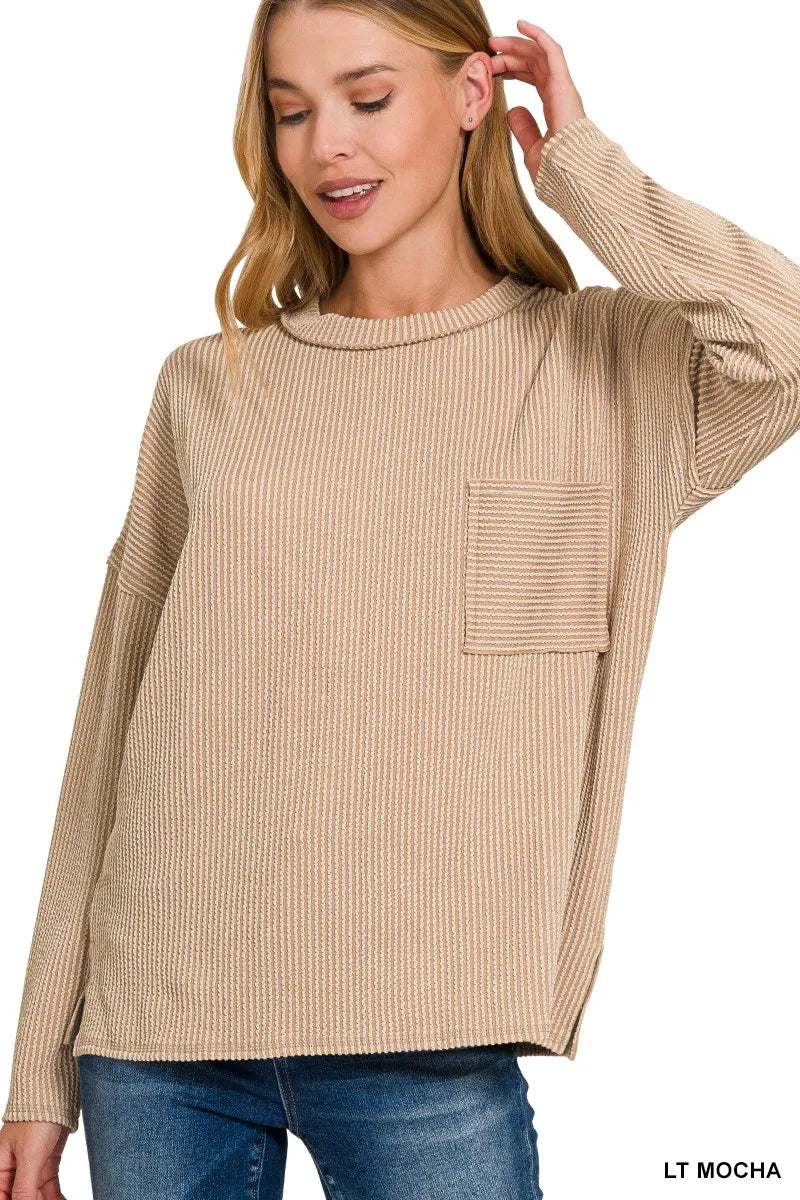 Zenana Long Sleeve Drop Shoulder Rib Top