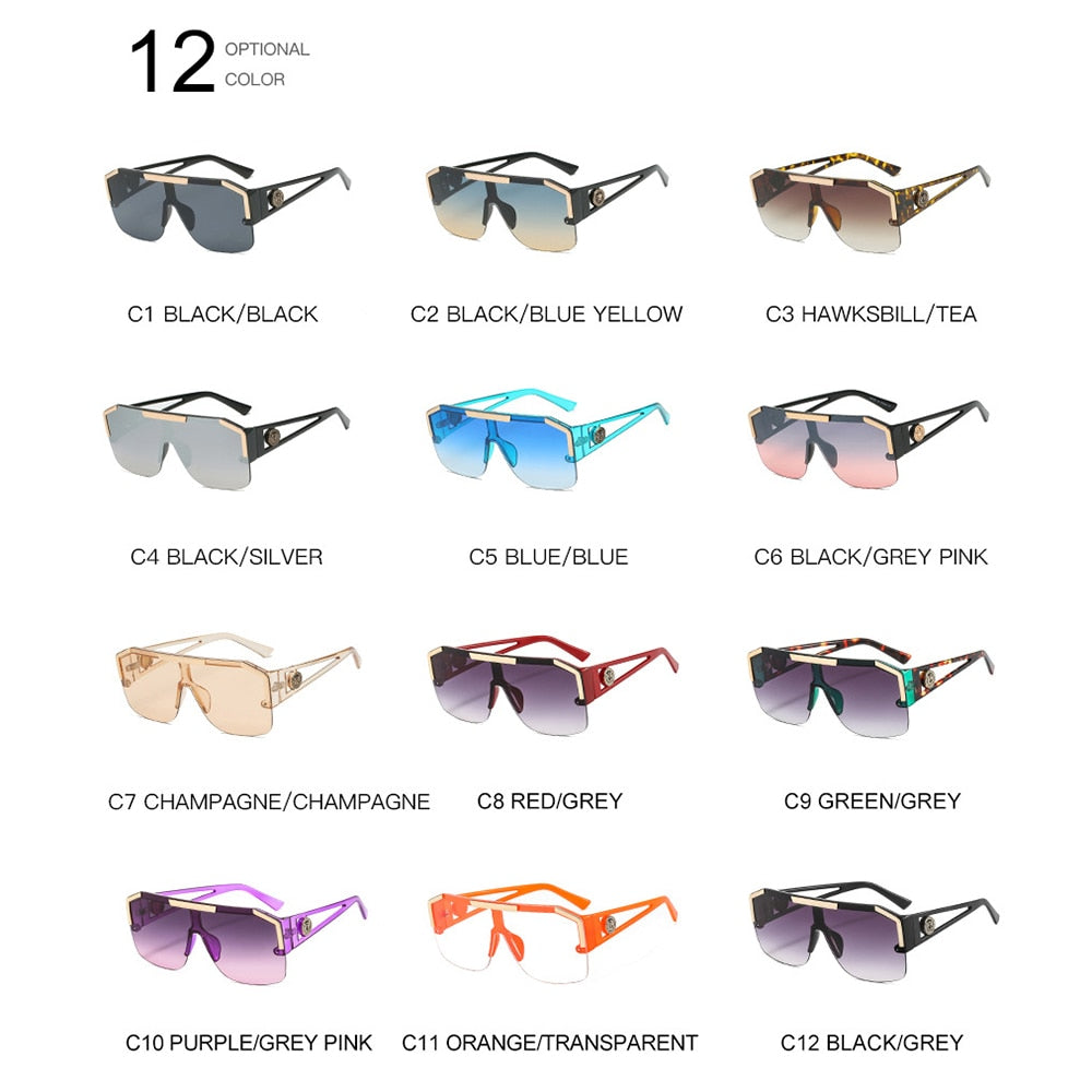 Oversized Square Sunglasses Men Women Vintage Metal Big Frame Semi-Rimless One Lens Sun Glasses UV400