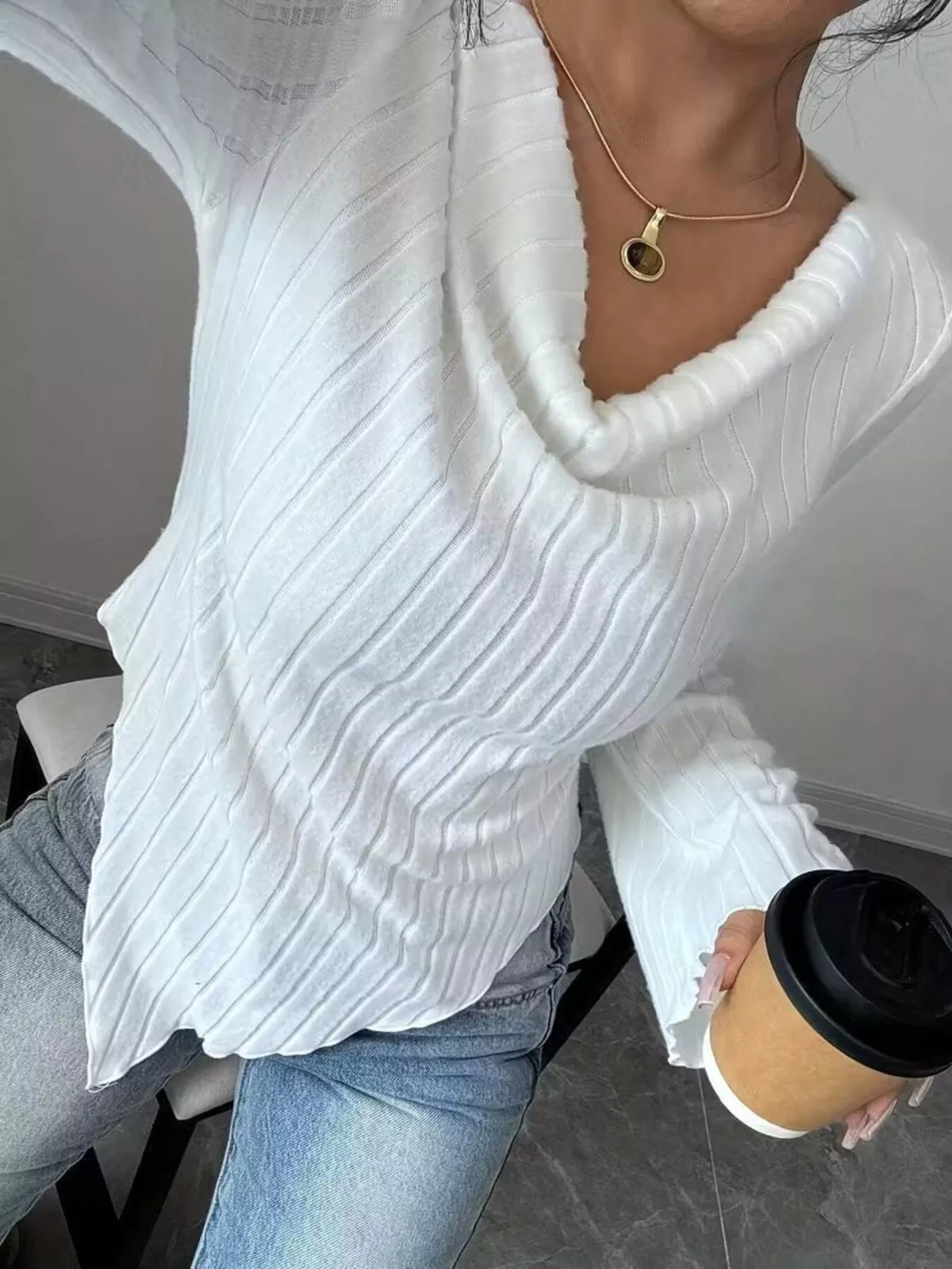Cowl Neck Ribbed Knit T-Shirt