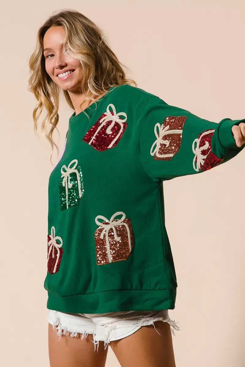 BiBi Sequin Christmas Gift Box Embroideries Pullover